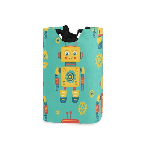 Yellow Robots Gears Cartoon Laundry Basket with Handles Foldable Laundry Hamper Freestanding Washing Bin 50L