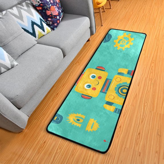Yellow Robots Gears Cartoon Long Floor Mat Runner Rug Area Mat Noise Reduction Water Absorbent Non-Slip 72" x 24"