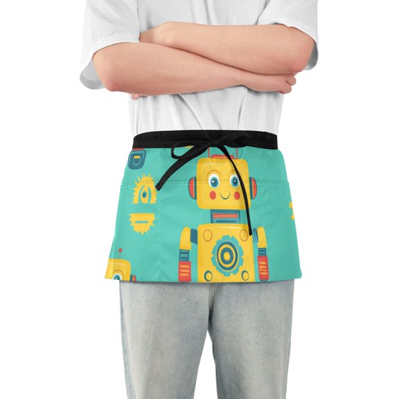 Yellow Robots Gears Cartoon Short Server Apron with 3 Pockets for Unisex Chef Gardening