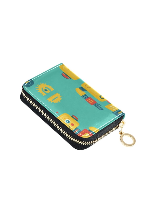 Yellow Robots Gears Cartoon Women's Credit Card Holder PU Leather Zipper Wallet RFID Blocking