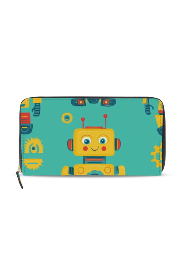 Yellow Robots Gears Cartoon Women's Long Zipper Wallet Bifold Clutch Purse PU Leather Card Cases