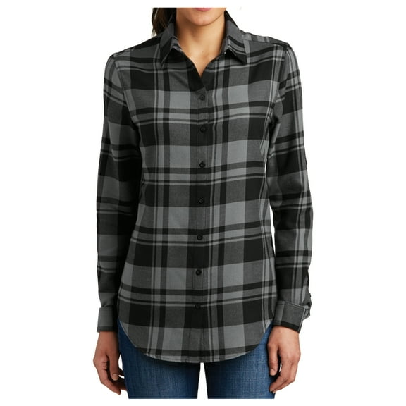 Yellow Rooster Flannel Shirts For Women Plaid Jackets Long Sleeve Button Down Grey/ Black M