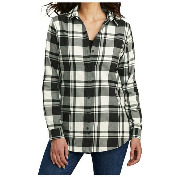 Yellow Rooster Flannel Shirts For Women Plaid Jackets Long Sleeve Button Down Snow White/ Black M