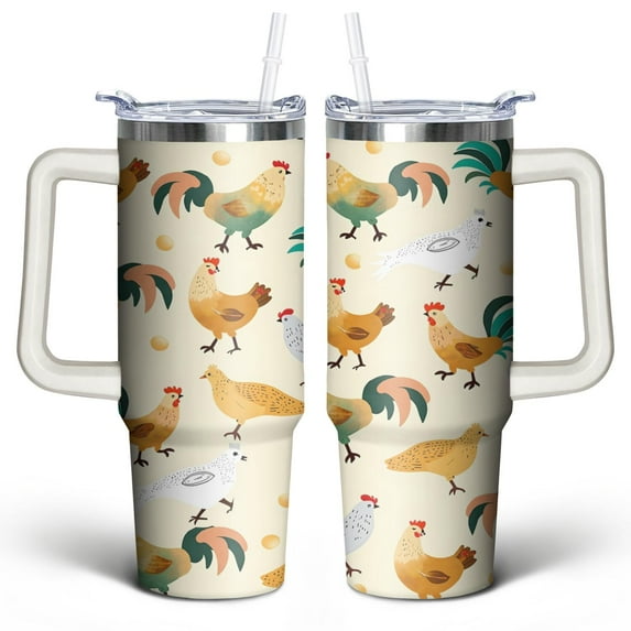 Yellow Rooster and Hen 30 Oz Tumbler with Handle Lid and Straw, Stainless Steel Double Walled Vacuum Insulated Cup, Cute Anniversary Wedding Birthday Gifts Tumbler for Women Men Friends Outdoor Indoor