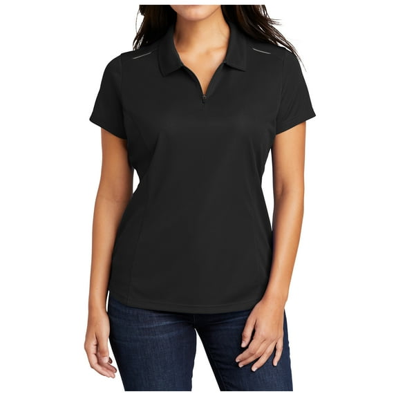 Yellow Rooster Womens Short Sleeve Pinpoint Mesh Zip Polo Black L