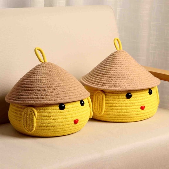 Yellow Rope Woven Storage Basket | Round Hand Woven Natural Rope Basket for Desktop Organization | Sturdy and Durable Decorative Storage Bin for Toys Clothes Household Sundries | 9.05x5.31 Inch