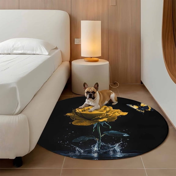 Yellow Rose 3ft Round Rug for Bathroom Accent Bedside Corner, Butterfly Splash Washable Non Slip Circle Area Rug for Small Spaces