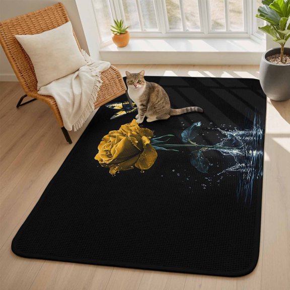 Yellow Rose Area Rugs for Living Room 5x6, Butterfly Splash Water Nature Dreamy Washable Area Rug with Non Slip Backing, Stain Resist Linen Carpet for Bedroom, Dining Room, Entryway, Entrance
