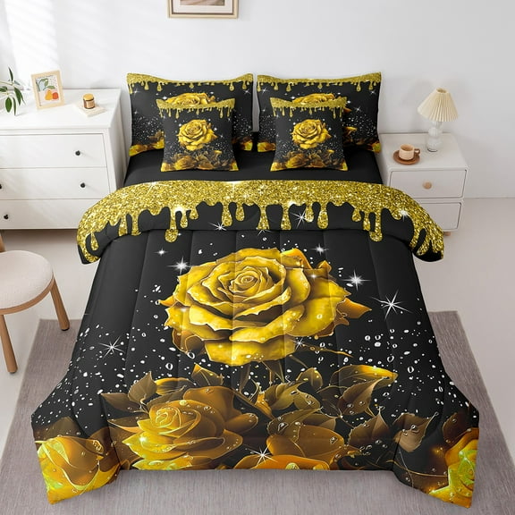 Yellow Rose Bed in a Bag King Size Comforter Set 7 Pieces,Glitter Galaxy Sheet Set with Comforter,Sequin Fluid Art Bedding Set Abstract Ombre Bed Set Garden Flowers Boho Floral Bohemian Decor