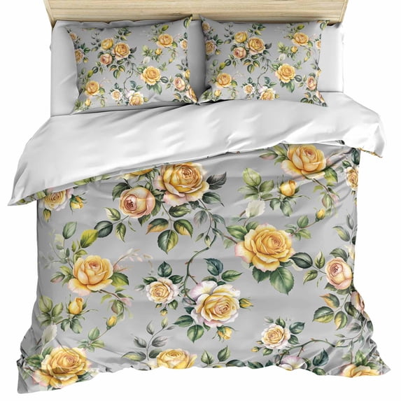 Yellow Rose Bedding 3 Piece Duvet Cover Set Twin Size, Vintage Country Botanical Floral Vines Soft Microfiber Comforter Cover with Zipper Closure & Pillowcases, Wrinkle & FadeResistant Quilt Cover