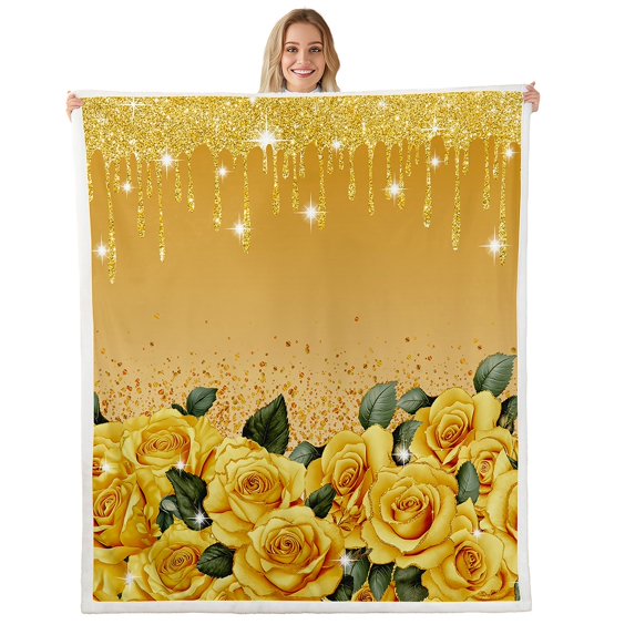 Yellow Rose Blanket Diamond Crystal Fluid Art Throw Blanket 90"x90",Abstract Ombre Fleece Blanket Romantic Garden Flowers Bed Blanket,Boho Floral Bohemian Decor