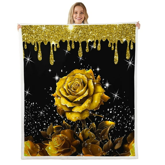 Yellow Rose Blanket Glitter Galaxy Fleece Blanket,Sequin Fluid Art Throw Blanket 30"x40",Abstract Ombre Print Bed Blanket Romantic Garden Flowers Boho Floral Bohemian Decor