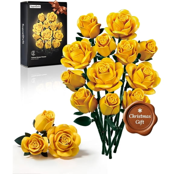 Yellow Rose Bouquet Building Set, Artificial Flowers Botanical Collection Kit for Adults, Gift for Christmas and Valentines Day, Warmming Home Office Table Centerpiece Decor - IA11019