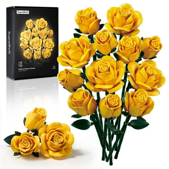 Yellow Rose Bouquet Building Set, Yellow Flowers for Adults Women, Botanical Collection Gift for Christmas & Valentines - Artificial Plant Gothic Home Decor