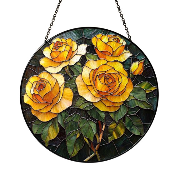 Yellow Rose Bouquet Garden Landscape Stained Glass Style Window Suncatcher Hanging, Decorative Glass Panel Art Ornament for Spring Decor