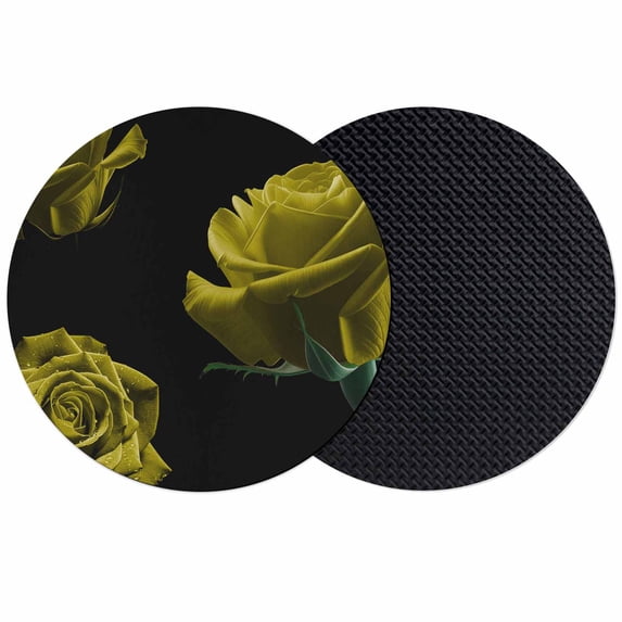 Yellow Rose Coasters Set of 2, Absorbent Coasters for Drinks, Vintage Abstract Garden Flower Floral Black Coaster for Desk Coffee Table Protection, Home Decor House Warming Gifts 4"
