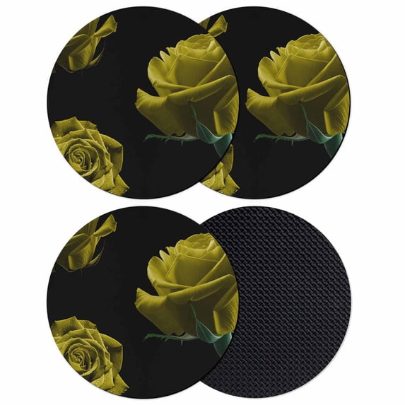 Yellow Rose Coasters Set of 4, Absorbent Coasters for Drinks, Vintage Abstract Garden Flower Floral Black Coaster for Desk Coffee Table Protection, Home Decor House Warming Gifts 4"