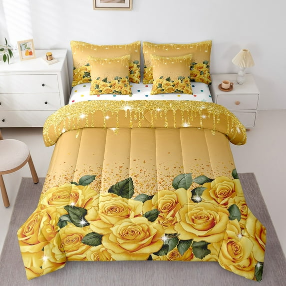 Yellow Rose Comforter Set 7 Piece Bed in a Bag Twin,Diamond Crystal Fluid Art Bedding Set Abstract Ombre Sheet Set with Comforter Romantic Garden Flowers Bed Set,Boho Floral Bohemian Decor