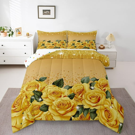 Yellow Rose Comforter Set Diamond Crystal Fluid Art Bedding Sets Full,Abstract Ombre Down Comforter Romantic Garden Flowers Duvet Insert,Boho Floral Bohemian Decor