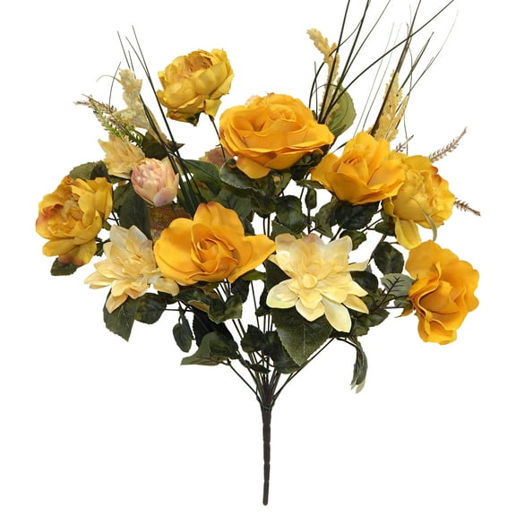 Yellow Rose Dahlia Artichoke with Pampas Grass 24in Artificial Polysilk Faux Greenery Fake Flower Bush for Craft Home Bouquet Arrangement Ceremony Wedding Floral Wall Decor (Gold Yellow, One each)