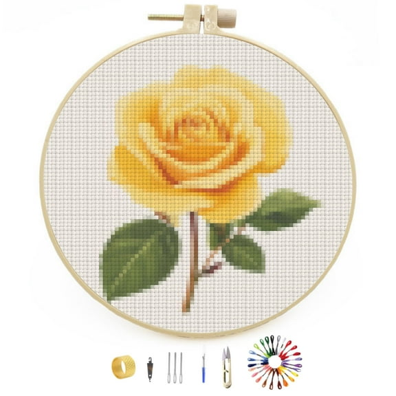 A Yellow Rose Easy Stamped Cross Stitch Kits for Beginners with Hoop Simple Patterns 11CT Counted Embroidery Needlepoint Crafts Arts for DIY Enthusiasts and Home Decor 26x26cm(4)