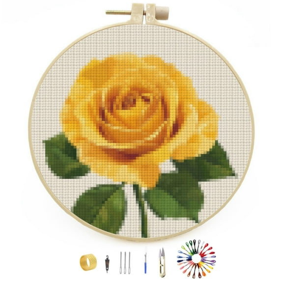 A Yellow Rose Easy Stamped Cross Stitch Kits for Beginners with Hoop Simple Patterns 11CT Counted Embroidery Needlepoint Crafts Arts for DIY Enthusiasts and Home Decor 26x26cm(5)