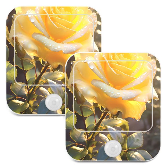 Yellow Rose Flower and Leaves LED Motion Sensor Night Light Plug into Wall 2 Pack Auto Dusk to Dawn Adjustable