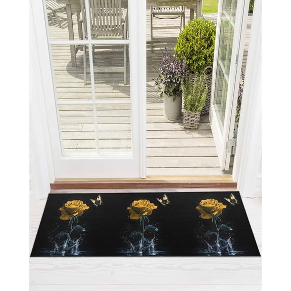 Yellow Rose Front Door Mat Butterfly Splash Water Nature Dreamy Welcome Doormat Indoor Outdoor Entrance Floor Mat Non-Slip Washable Runner Rug for Front Porch Decor 16x47 Inch