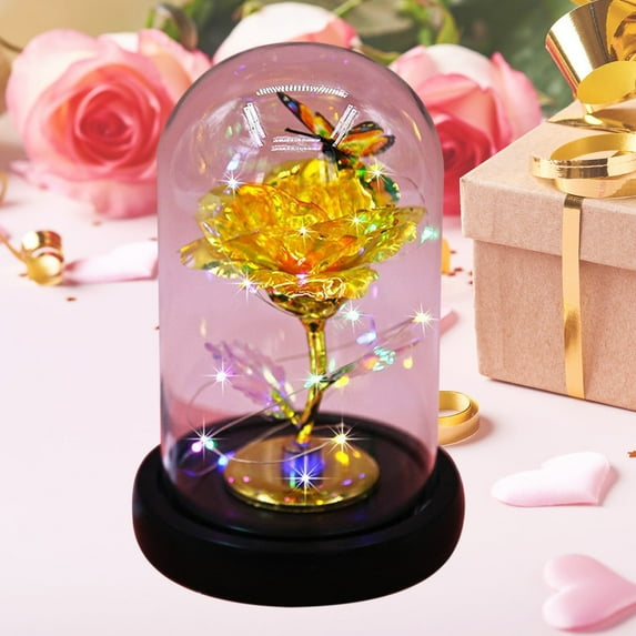 Yellow Rose Gifts for Women Mom, Galaxy Glass Rose Flower Gift Enchanted Crystal Light up Roses in Glass Dome Anniversary Birthday Xmas Gifts for Women Mom Her Wife Grandma Sister