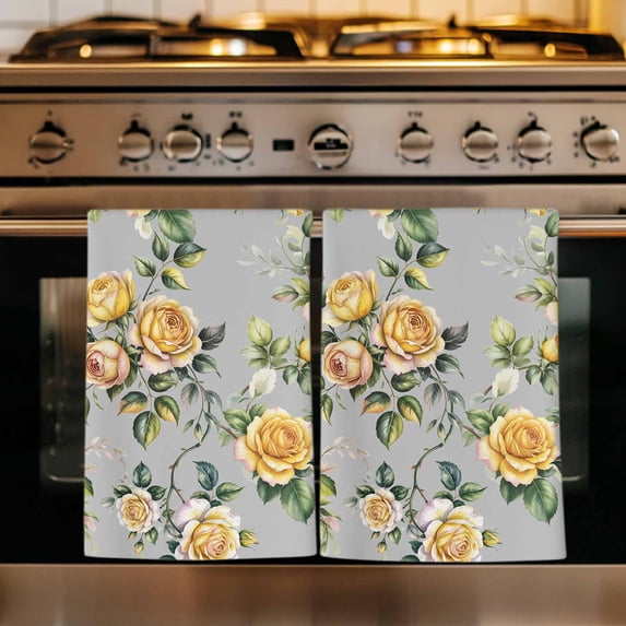 Yellow Rose Kitchen Towels Set of 1, Vintage Country Botanical Floral Vines Absorbent Dish Towels for Kitchen, Microfiber Hand Towel, Quick Drying Tea Towel for Cleaning Decorative Dishcloths