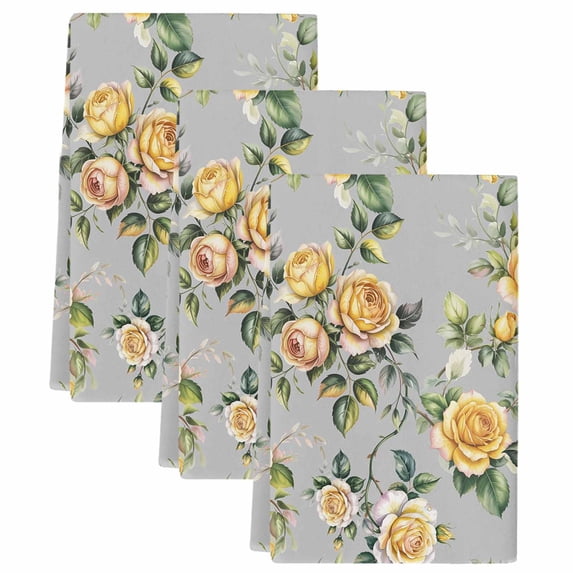 Yellow Rose Kitchen Towels Set of 3, Vintage Country Botanical Floral Vines Soft Microfiber Dish Towels, Absorbent Quick-Dry Washable Dishcloths for Kitchen Cleaning, Drying Dishes, 18x28 Inches