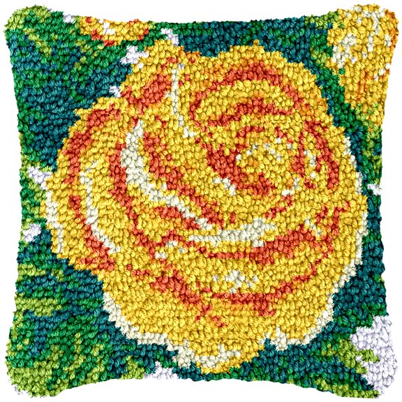 Yellow Rose Latch Hook Kits Pillow Cover DIY Rug Making Crochet Hook Cushion Making Kits with Preprinted Pattern Canvas DIY Needlework Crochet Kits Sofa Decor 43x43cm