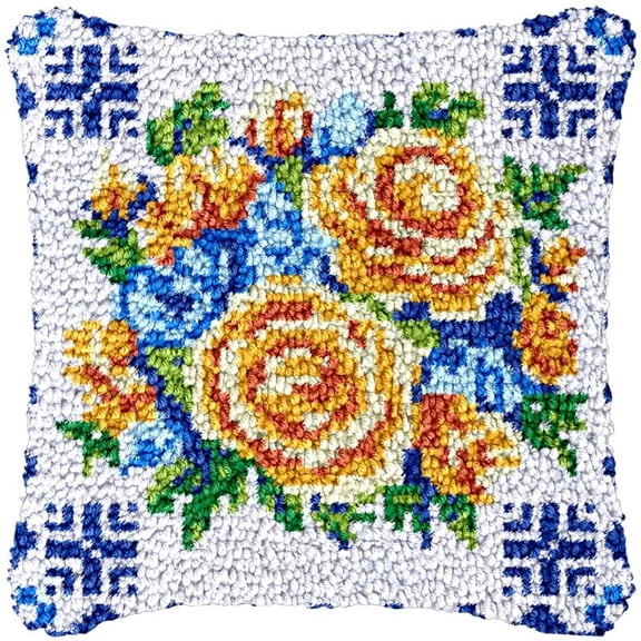 Yellow Rose Latch Hook Kits Pillow DIY Rug Crochet Hook Cushion Making Kits with Preprinted Pattern Canvas Instruction Yarns and Latch Hooking Pillow Cover Easy to Starter DIY Kits 43x43cm