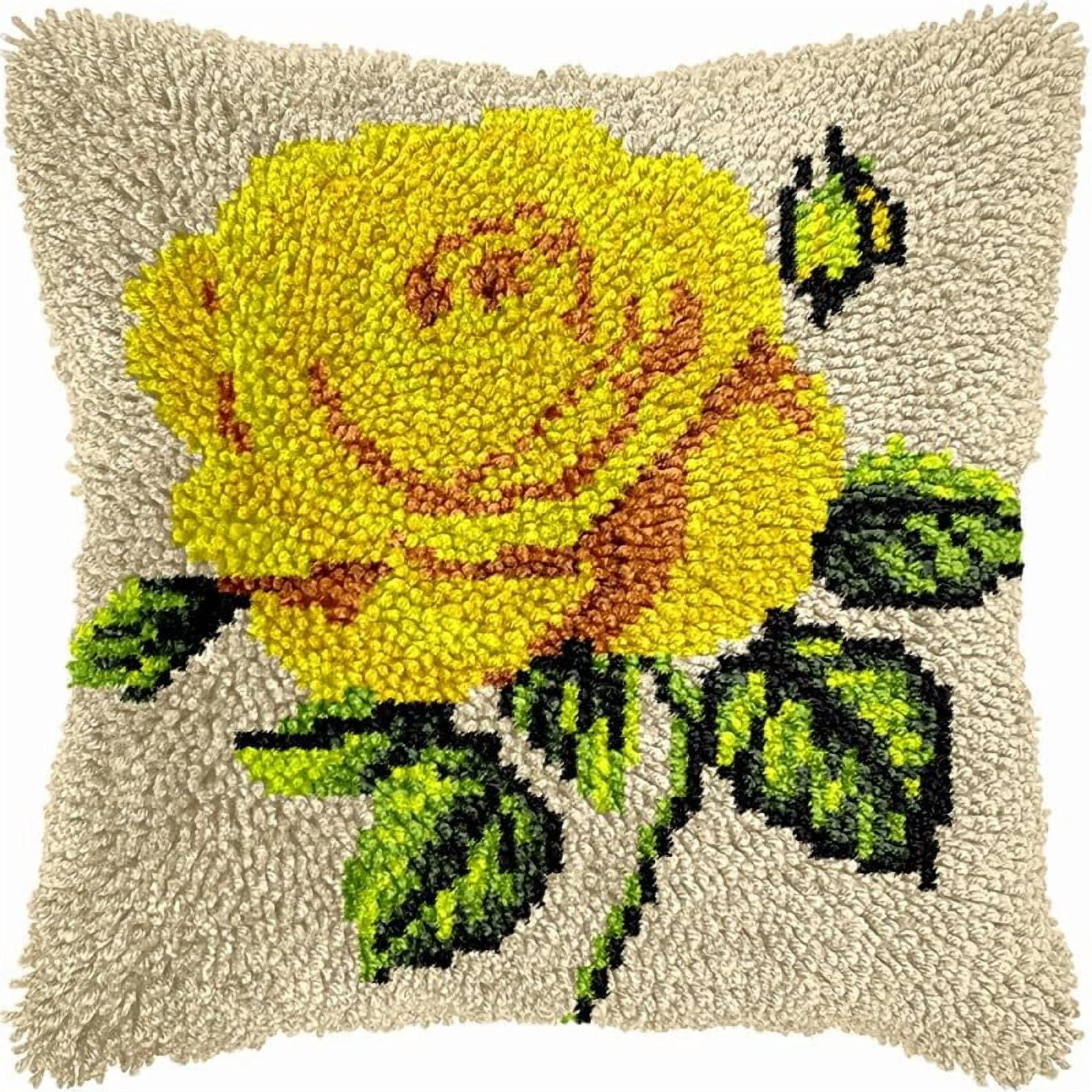 Yellow Rose Latch Hook Pillow Kits for DIY Handmade Throw Pillow Cushion Cross Stitch Latch Hooking Pillowcase Kits with Preprinted Canvas Crochet Yarn 17''X 17''(Y31)