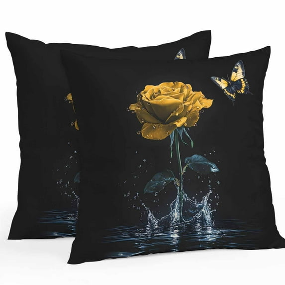 Yellow Rose Outdoor Pillow Covers Pack of 2 Butterfly Splash Water Nature Dreamy Waterproof Throw Pillow Covers Decorative Cushion Cases for Patio Garden Tent Balcony Couch 24x24 inch
