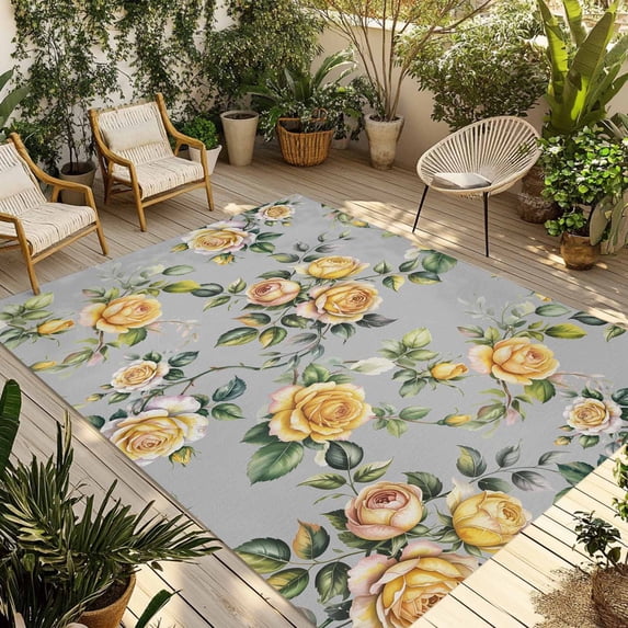 Yellow Rose Outdoor Rug 6x9 Ft - Reversible Patio Rug Outdoor Camping Rugs, Vintage Country Botanical Floral Vines Washable Indoor Outdoor Area Rugs, Non-Slip Outdoor Carpet Runner for Deck/Porch