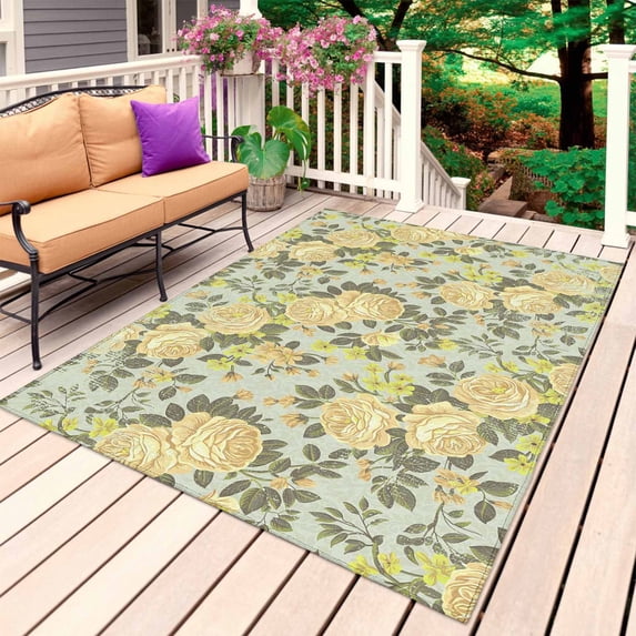 Yellow Rose Outdoor Rug for Patio/Deck/Porch, Non-Slip Large Area Rug 5 x 7 Ft, Farmhouse Romantic Botanical Floral Flowers Indoor Outdoor Rugs Washable Area Rugs, Camping Rug Carpet Runner