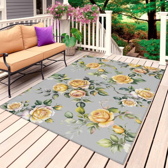 Yellow Rose Outdoor Rug for Patio/Deck/Porch, Non-Slip Large Area Rug 5 x 8 Ft, Vintage Country Botanical Floral Vines Indoor Outdoor Rugs Washable Area Rugs, Reversible Camping Rug Carpet Runner