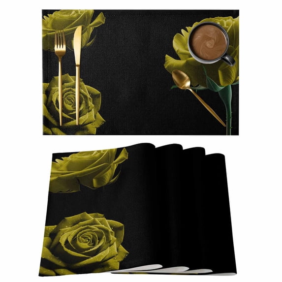 Yellow Rose Placemats Set of 8, Vintage Abstract Garden Flower Floral Black Placemats for Dining Table, Place Mats for Kitchen Tabletop, Waterproof Wipeable Dining Table Mats Set