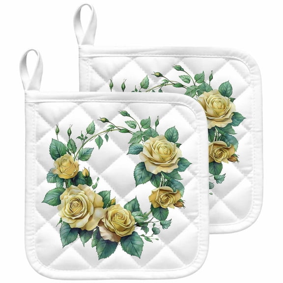 Yellow Rose Pot Holders for Kitchen Heatproof Potholder, 2 Pack Flower Floral Spring Watercolor Green Leaf Hot Pads Multipurpose Oven Pads Cloth Potholders Trivet for Cooking and Baking