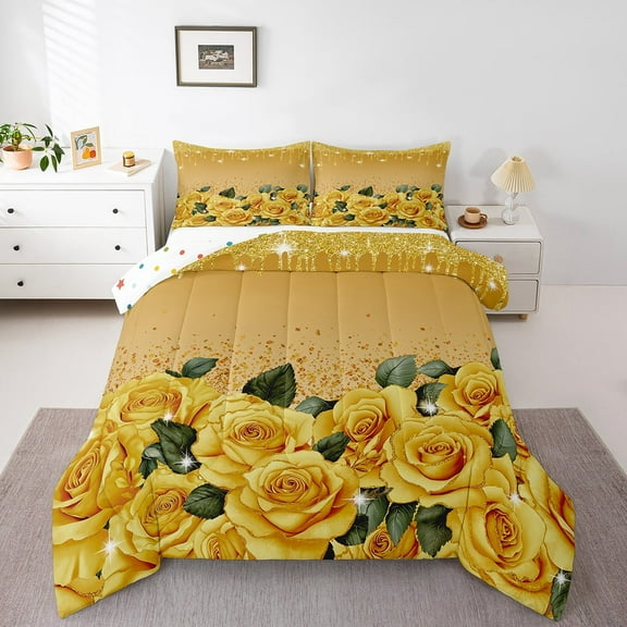 Yellow Rose Queen Comforter Set Diamond Crystal Fluid Art Bedding Sets,Abstract Ombre Bed Set Romantic Garden Flowers Duvet Set,Boho Floral Bohemian Decor