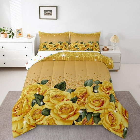 Yellow Rose Queen Comforter Set Diamond Crystal Fluid Art Bedding Sets,Abstract Ombre Bed Set Romantic Garden Flowers Duvet Set,Boho Floral Bohemian Decor