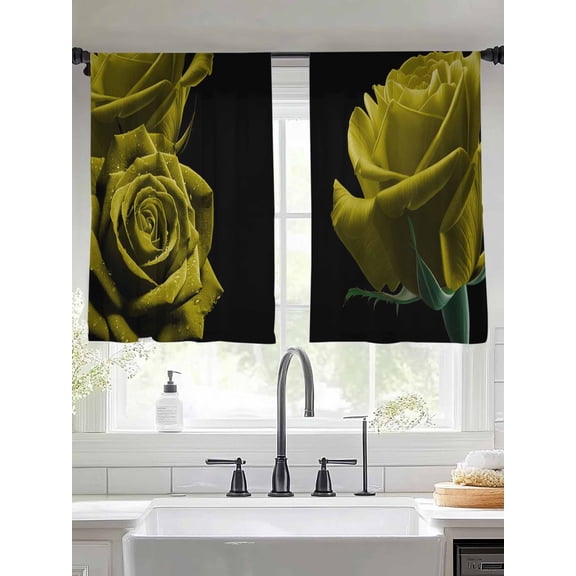 Yellow Rose Sheer Curtains 45 Inches Long 2 Panels Vintage Flower Garden Abstract Classic Light Filtering Semi Sheer Window Curtains Drapes for Bedroom Living Room 52"x45"