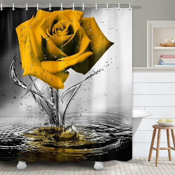 Yellow Rose Shower Curtain for Bathroom, Elegant Blooming Floral with Dew Spring Flower Reflection on Water Modern Romantic Valentine''s Day Bathroom Decor Shower Curtains Set with 12 Hooks 69X84