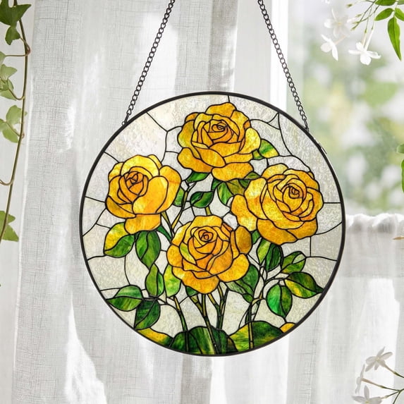 Yellow Rose Stained Glass Suncatcher: Flowers Window Hanging, Colorful Floral Glass Art, Gift for Mom