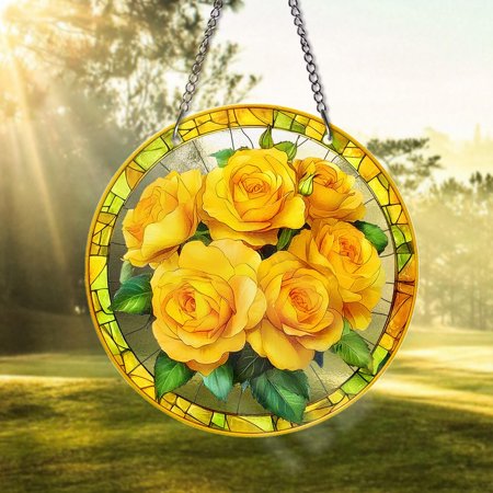 Yellow Rose Stained Glass Suncatcher Round Floral Window Hanging Yellow Flower Sun Catcher Gift for Garden Lovers, Home Decor Flower Lover