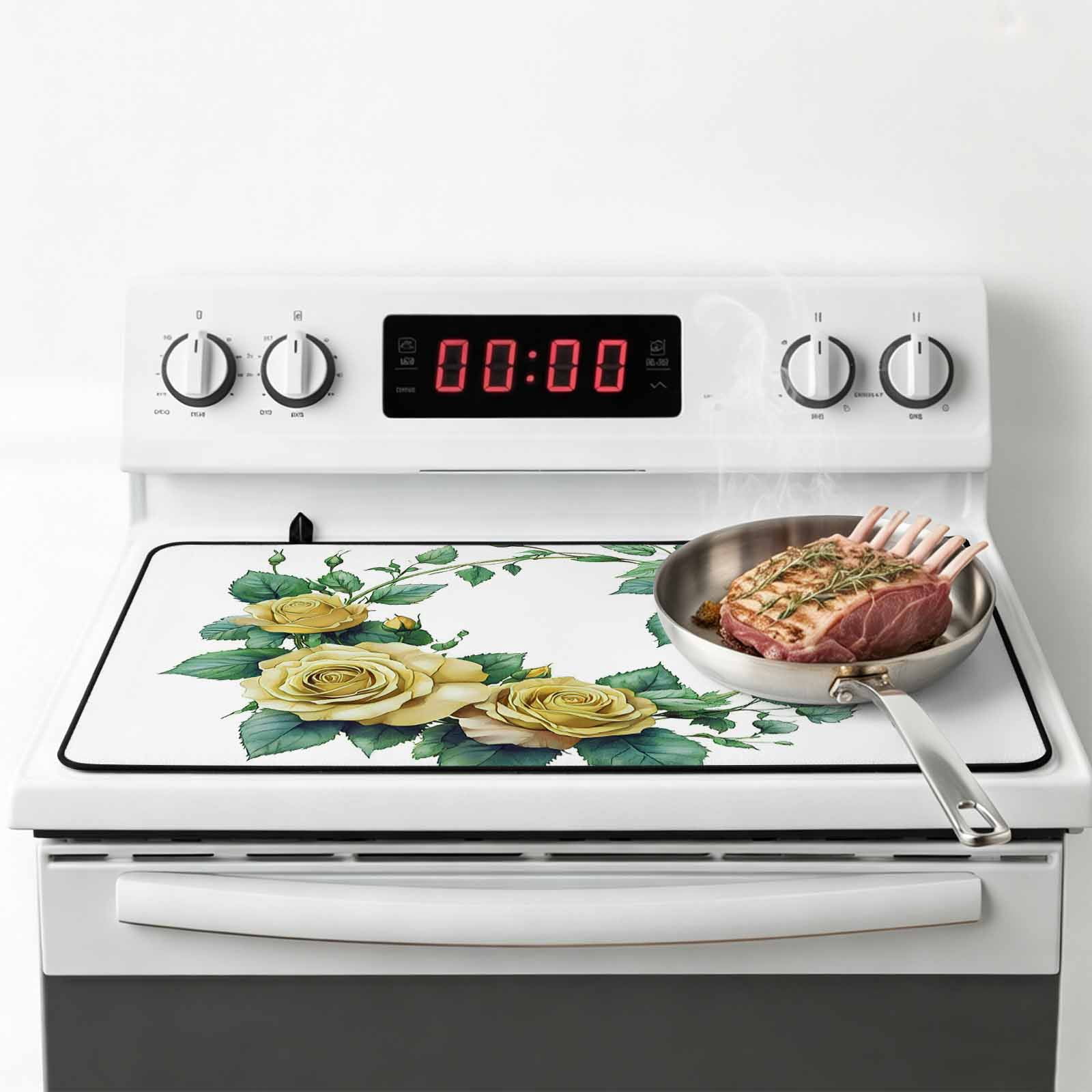 Yellow Rose Stove Top Cover for Electric Stove, Heat-proof & Non Slip Glass Top Stove Cover Protector, Flower Floral Spring Watercolor Green Leaf Kitchen Flat Cooktop Rubber Mat 24x21 Inches