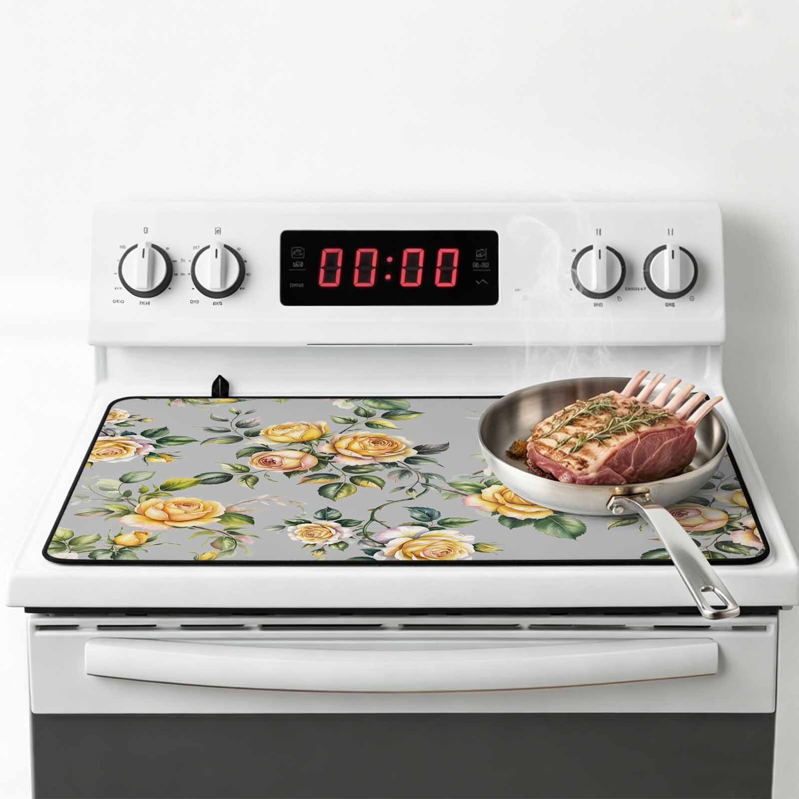 Yellow Rose Stove Top Cover for Electric Stove, Heat-proof & Non Slip Glass Top Stove Cover Protector, Vintage Country Botanical Floral Vines Kitchen Flat Cooktop Rubber Mat 31x24 Inches
