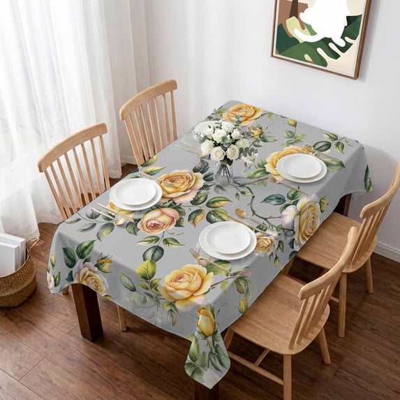 Yellow Rose Table Cloth Waterproof Tablecloths, Vintage Country Botanical Floral Vines Tablecloth Dining Table Cover for Kitchen Party Tabletop Outdoor, Rectangle Tablecloth 60x102 Inch