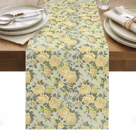 Yellow Rose Table Runner - 108 Inch Long, Kitchen Dining Table Runner Dresser Scarves, Farmhouse Romantic Botanical Floral Flowers Farmhouse Decor for Coffee Tables Wedding Party Banquet